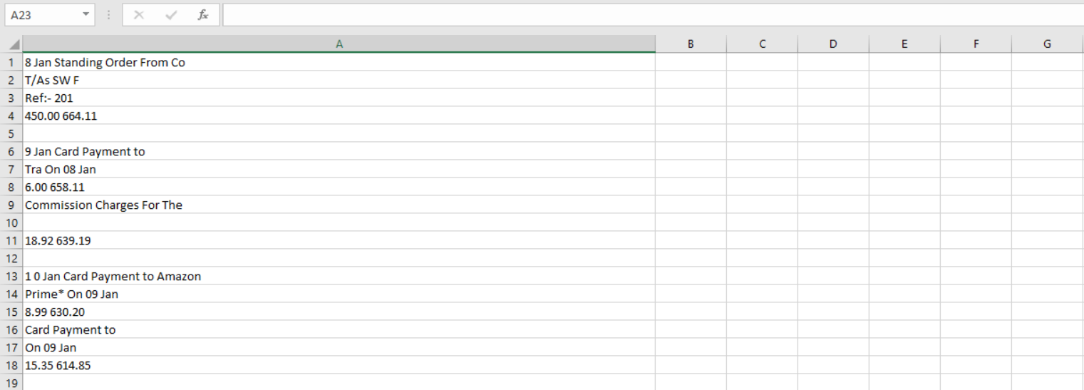 Bank statement PDF To Excel Result
